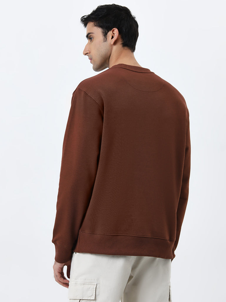 WES Casuals Brown Relaxed-Fit Cotton Blend Sweatshirt