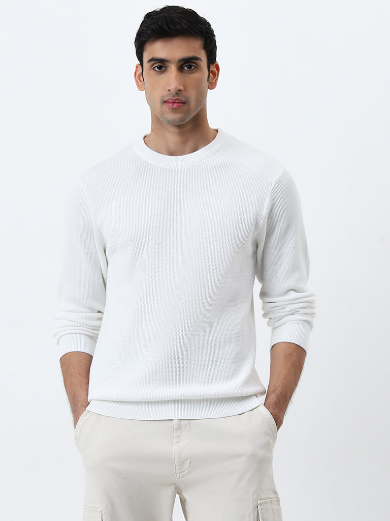 WES Casuals White Knitted Slim-Fit Sweater