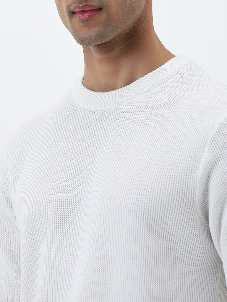 WES Casuals White Knitted Slim-Fit Sweater