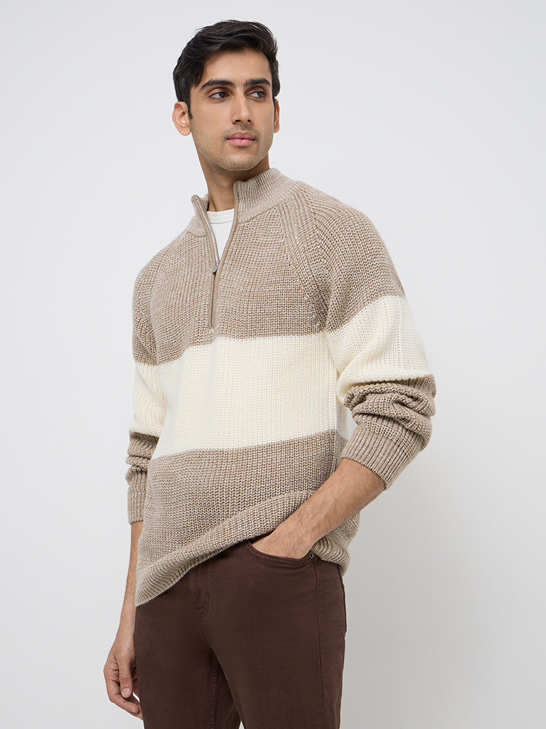 WES Casuals Taupe Colour-Blocked Slim-Fit Sweater