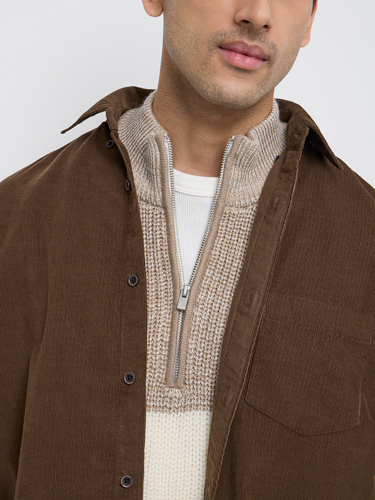 WES Casuals Taupe Colour-Blocked Slim-Fit Sweater