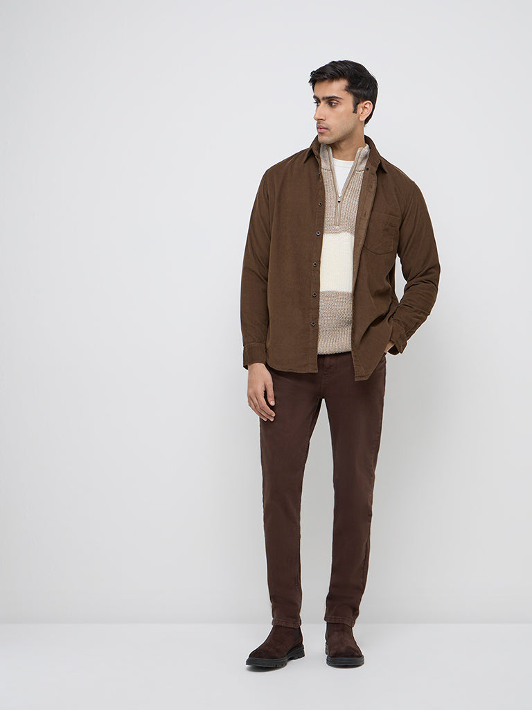 WES Casuals Taupe Colour-Blocked Slim-Fit Sweater