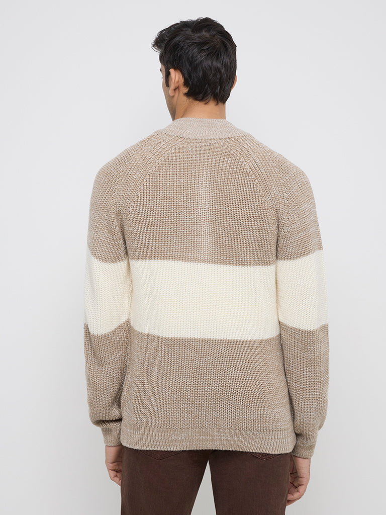 WES Casuals Taupe Colour-Blocked Slim-Fit Sweater