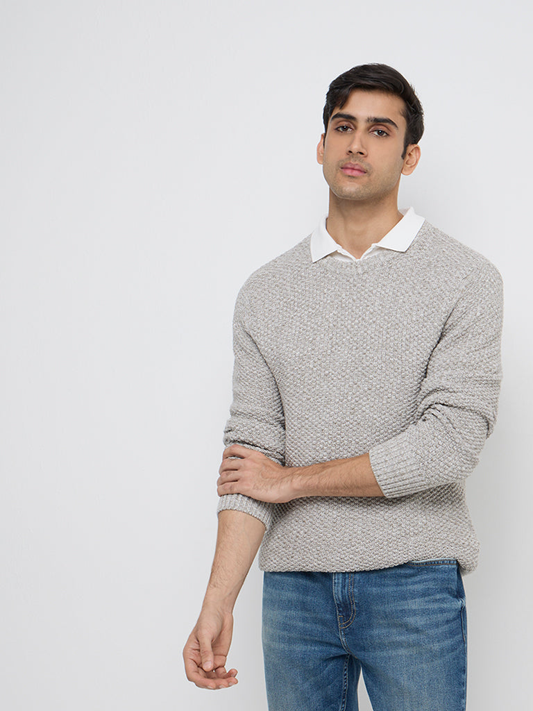 WES Casuals Light Grey Knit-Textured Slim-Fit Sweater