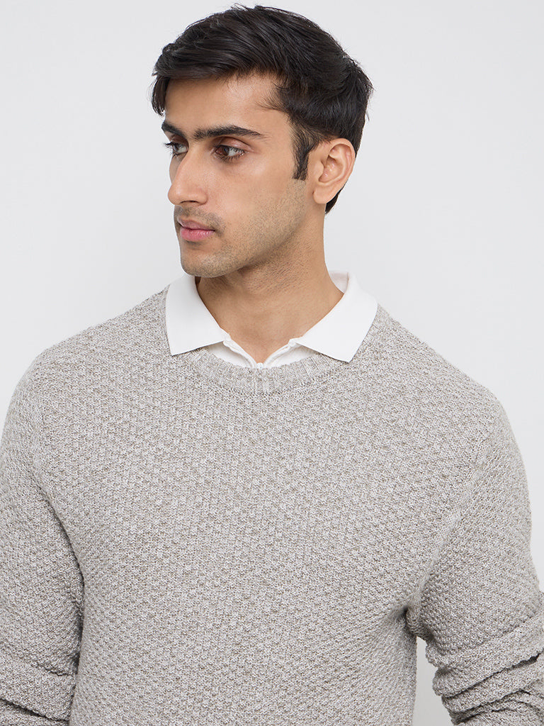 WES Casuals Light Grey Knit-Textured Slim-Fit Sweater