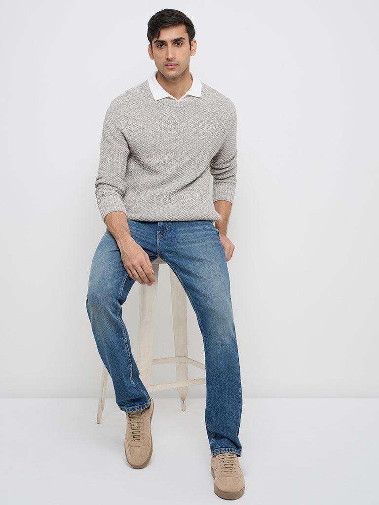 WES Casuals Light Grey Knit-Textured Slim-Fit Sweater