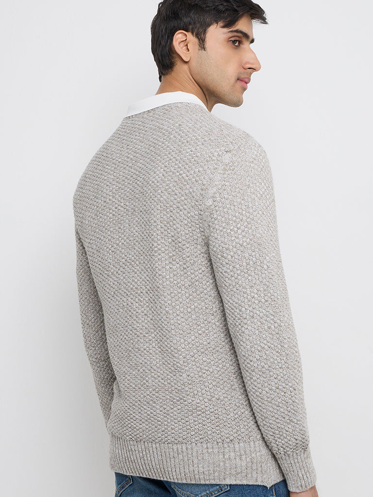 WES Casuals Light Grey Knit-Textured Slim-Fit Sweater