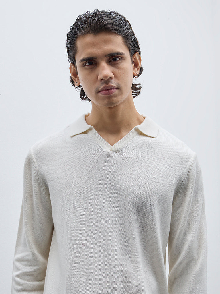 WES Casuals Off-White Knitted Relaxed-Fit Sweater