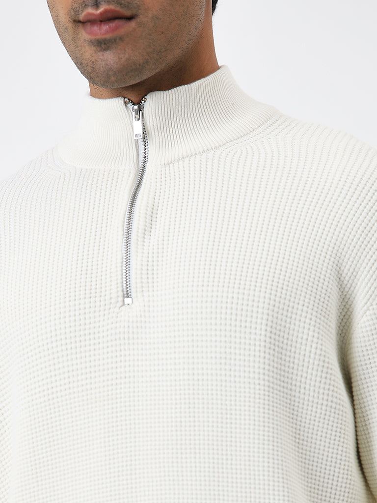 WES Casuals White Textured Relaxed-Fit Cotton Sweater