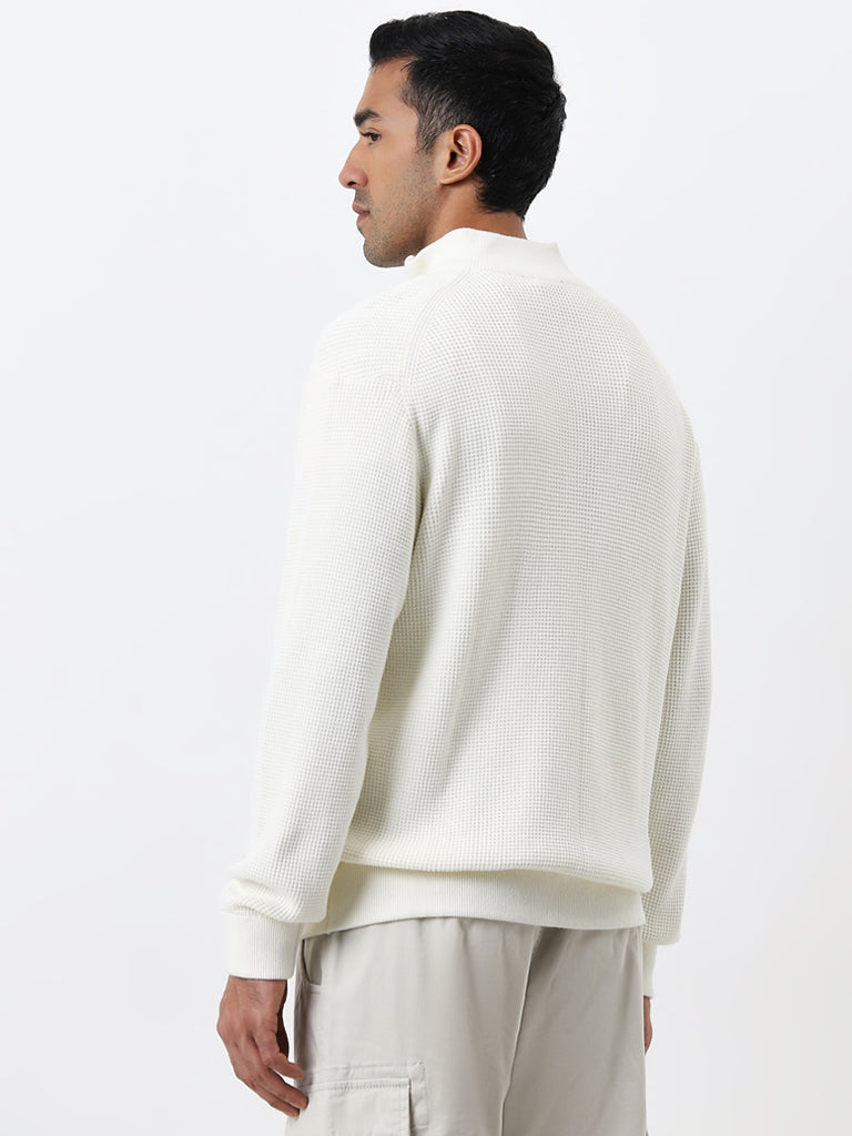 WES Casuals White Textured Relaxed-Fit Cotton Sweater