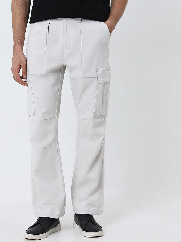 WES Casuals Light Grey Relaxed-Fit Cotton Blend Chinos