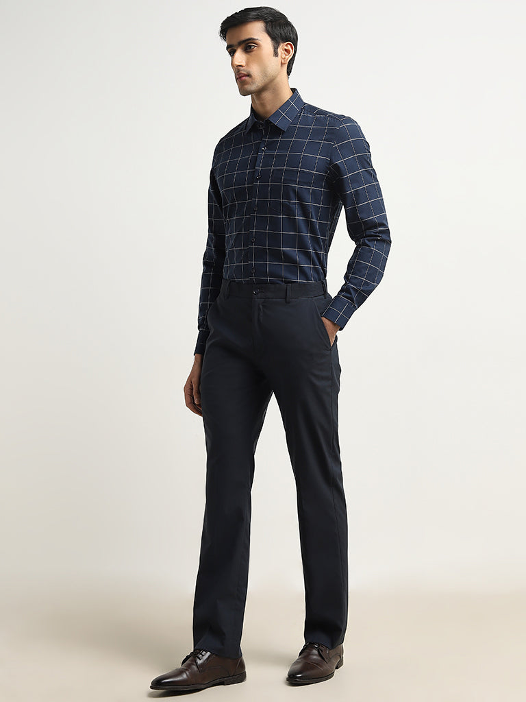 WES Formals Navy Checkered Slim-Fit Cotton Shirt