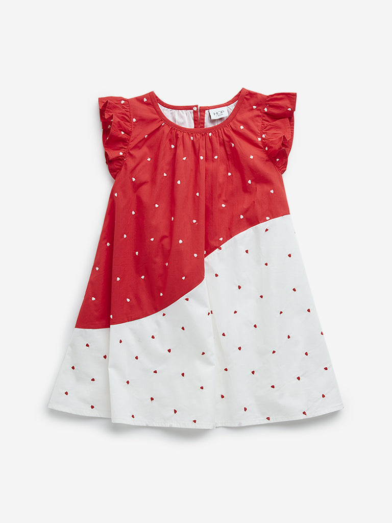 HOP Kids Red & White Heart Embroidered Cotton A-Line Dress