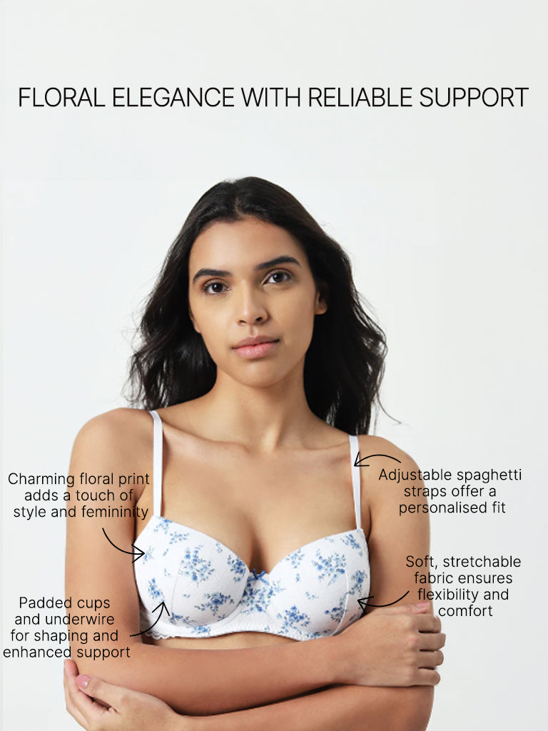 Wunderlove Blue Floral Printed Padded and Wired Bra