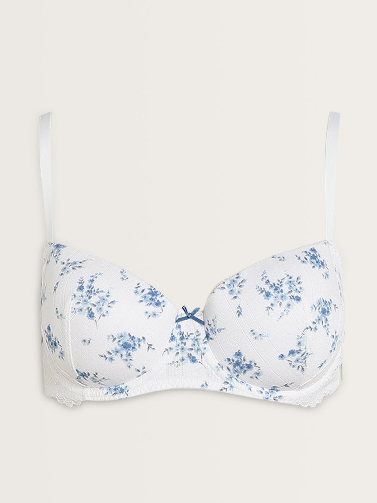 Wunderlove Blue Floral Printed Padded and Wired Bra