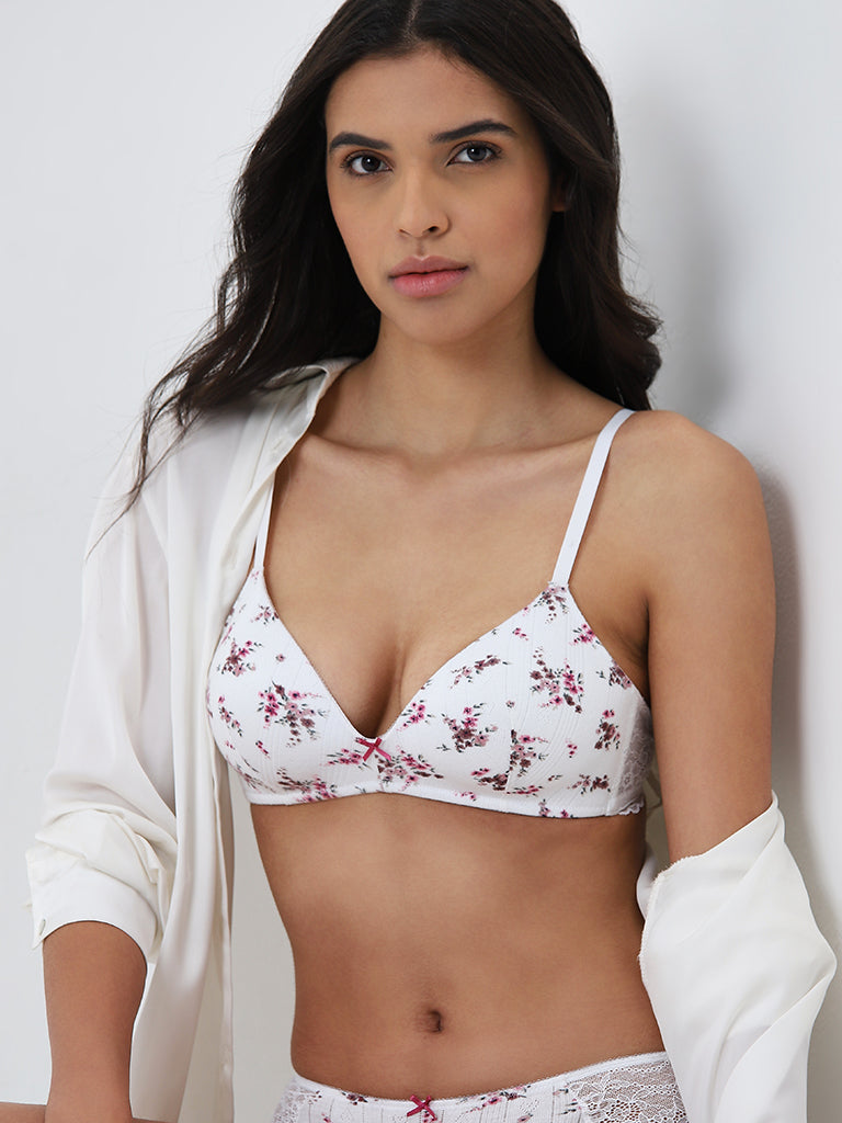 Wunderlove White Floral Design Padded Bra