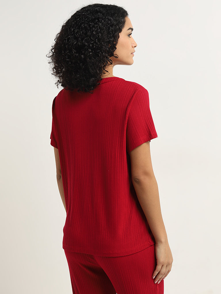 Wunderlove Red Ribbed-Textured Henley Top