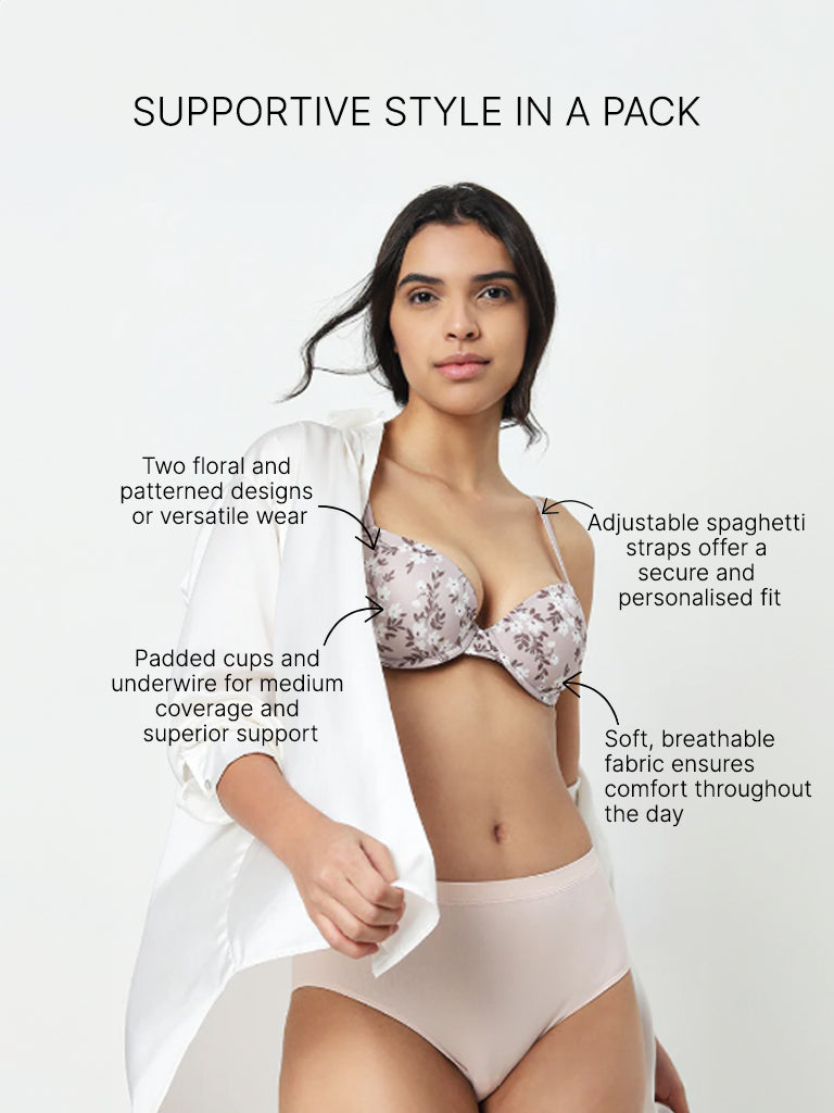 Wunderlove Ivory Floral Printed Wired Padded Bra - Pack of 2