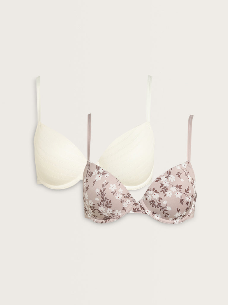 Wunderlove Ivory Floral Printed Wired Padded Bra - Pack of 2