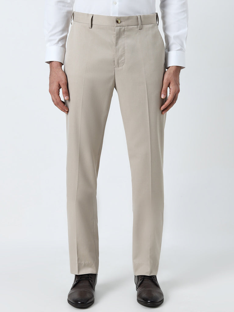 WES Formals Beige Mid-Rise Relaxed-Fit Trousers