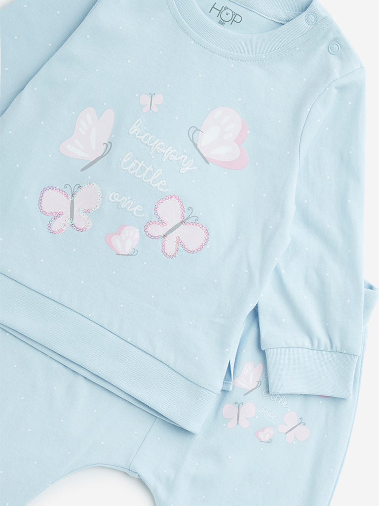 HOP Baby Blue Butterfly Printed Cotton T-Shirt & Pants Set