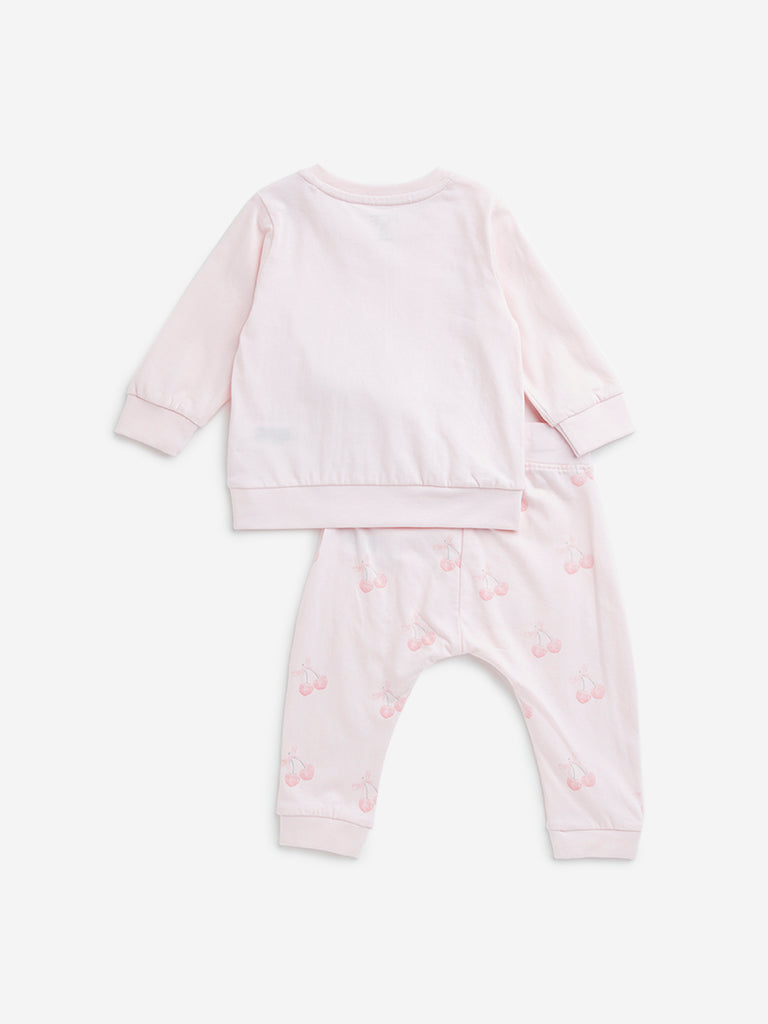 HOP Baby Pink Cherry Printed Cotton T-Shirt & Pants Set