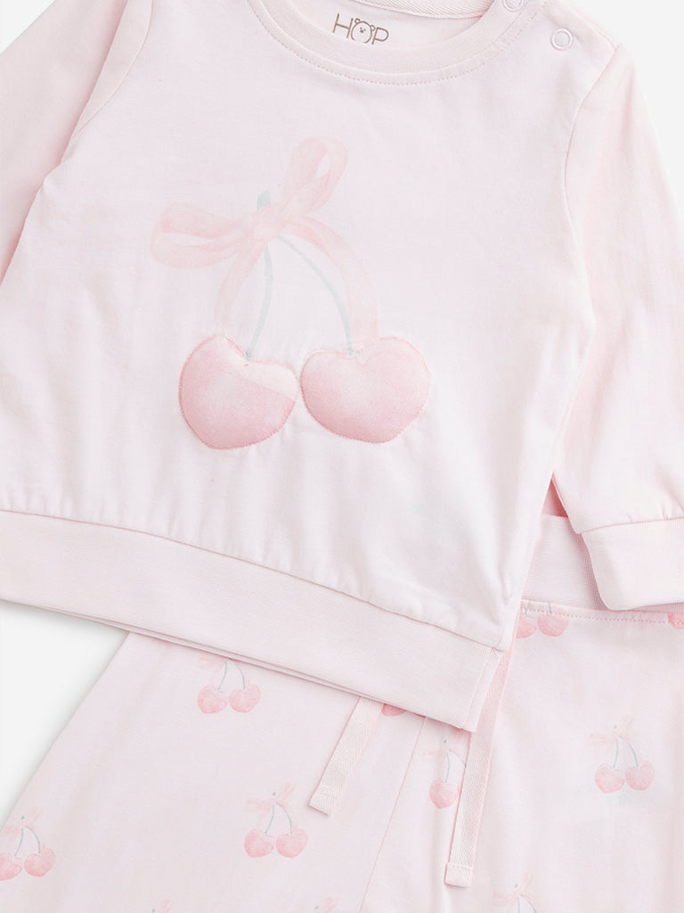 HOP Baby Pink Cherry Printed Cotton T-Shirt & Pants Set