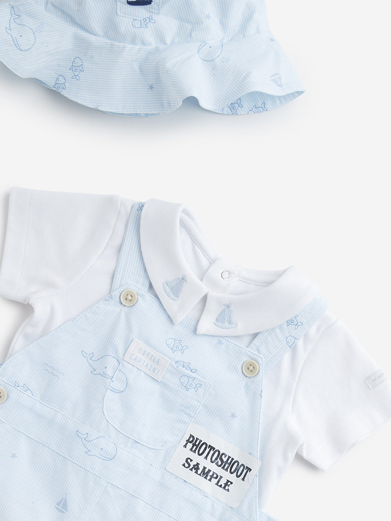 HOP Baby Light Blue Dungaree, Cotton T-Shirt and Hat Set