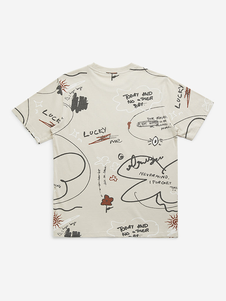 Y&F Kids Beige Text Printed Cotton T-Shirt