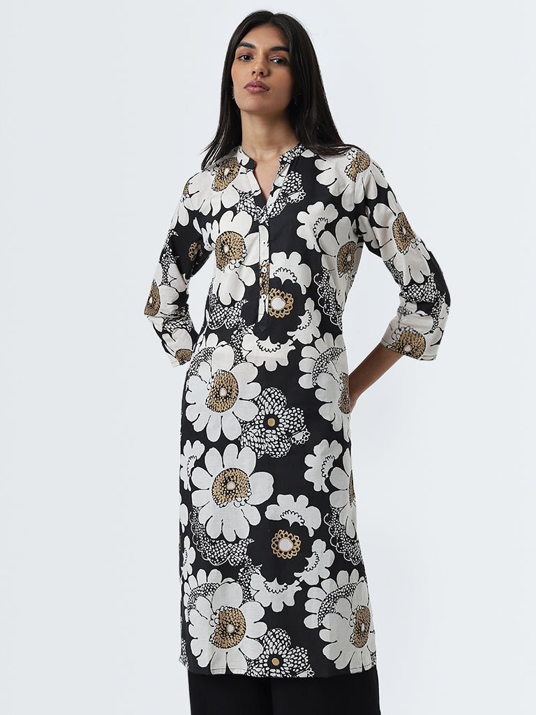 Utsa Black Floral Printed Straight Cotton Kurta