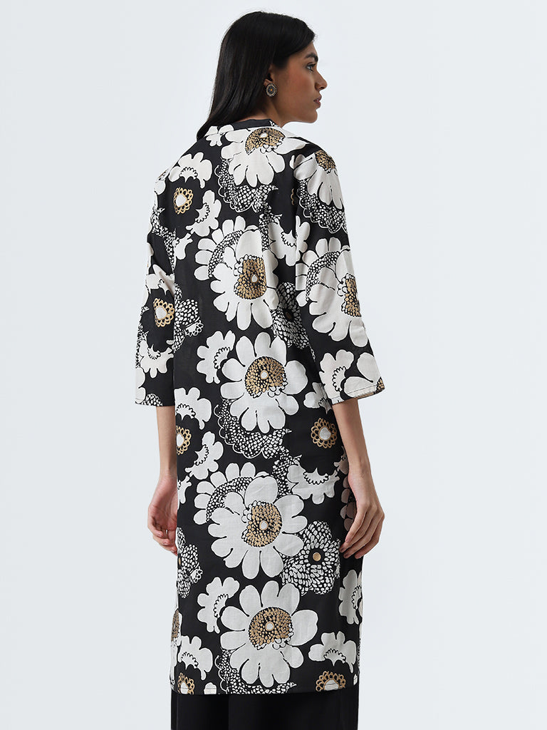 Utsa Black Floral Printed Straight Cotton Kurta