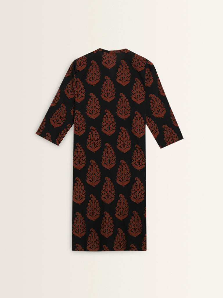 Utsa Black Butta Printed Straight Cotton Kurta