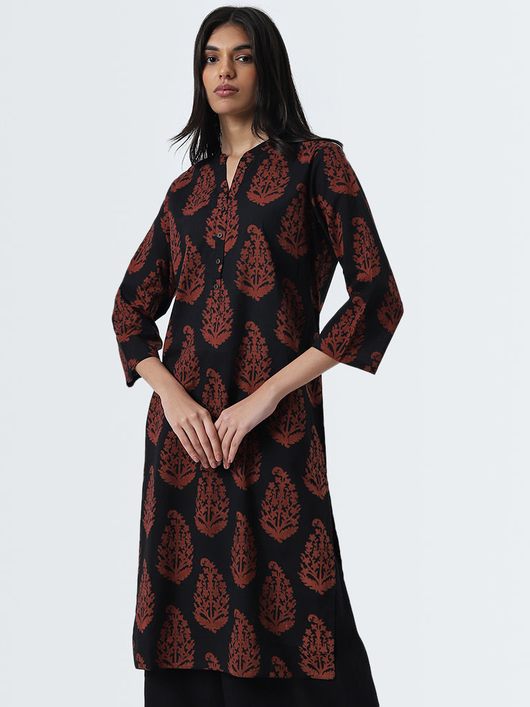 Utsa Black Butta Printed Straight Cotton Kurta