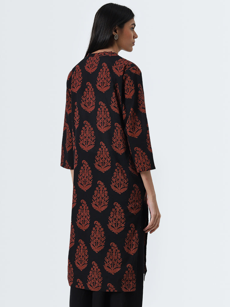 Utsa Black Butta Printed Straight Cotton Kurta