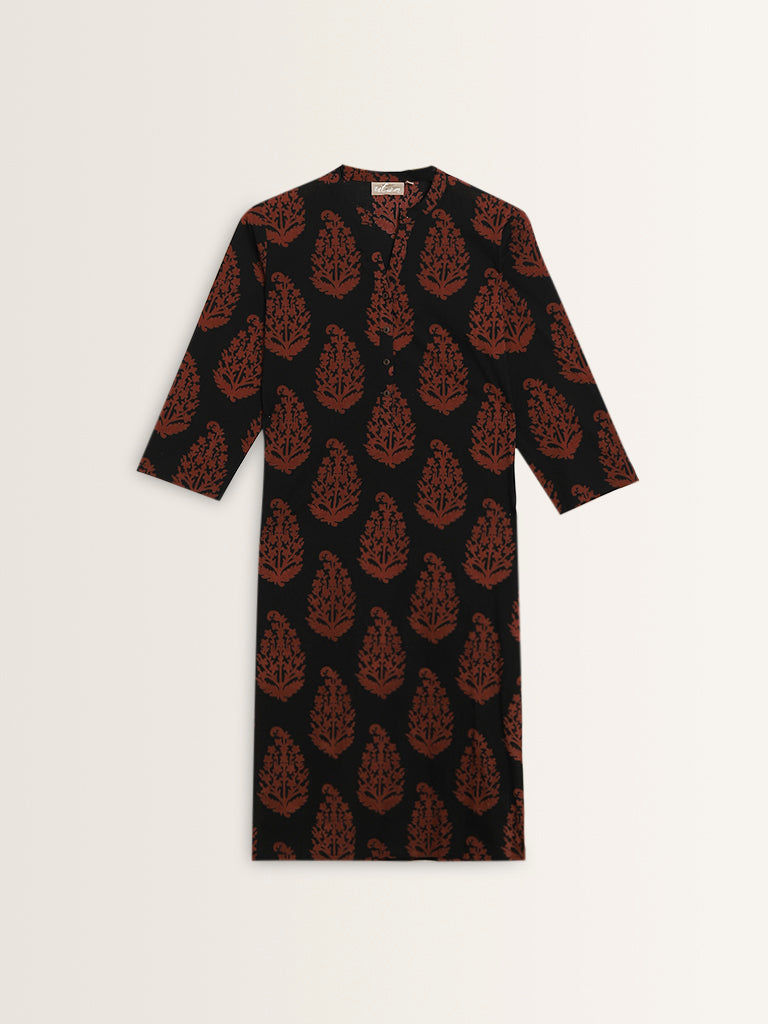 Utsa Black Butta Printed Straight Cotton Kurta