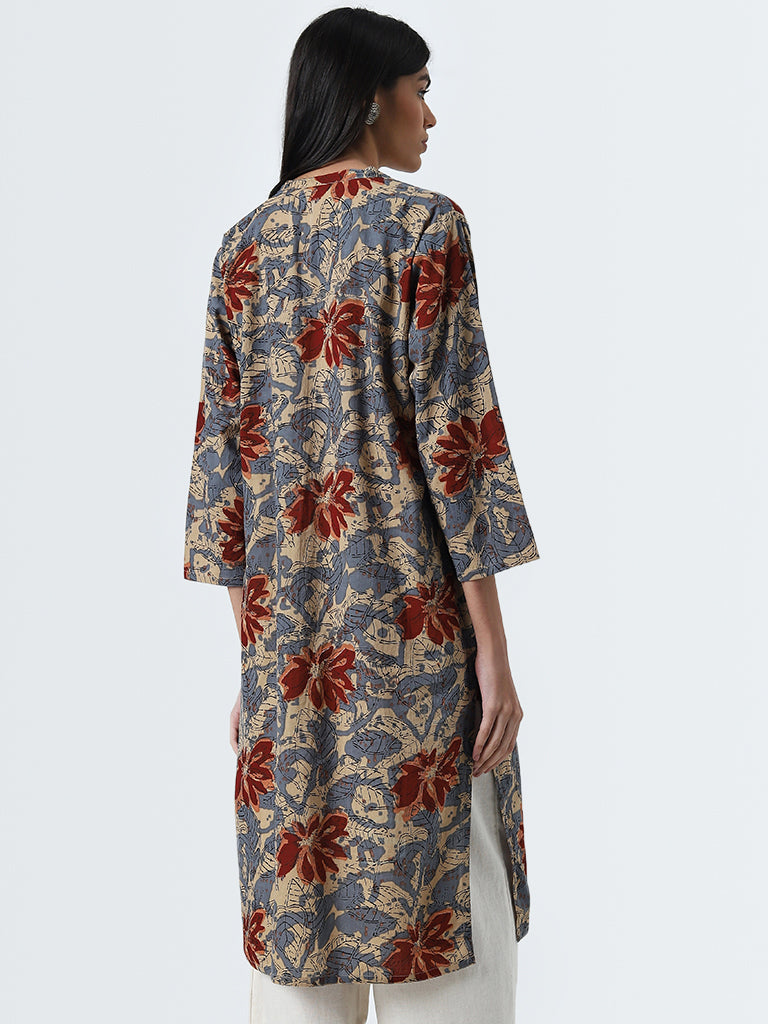 Utsa Taupe Floral Design Straight Cotton Kurta