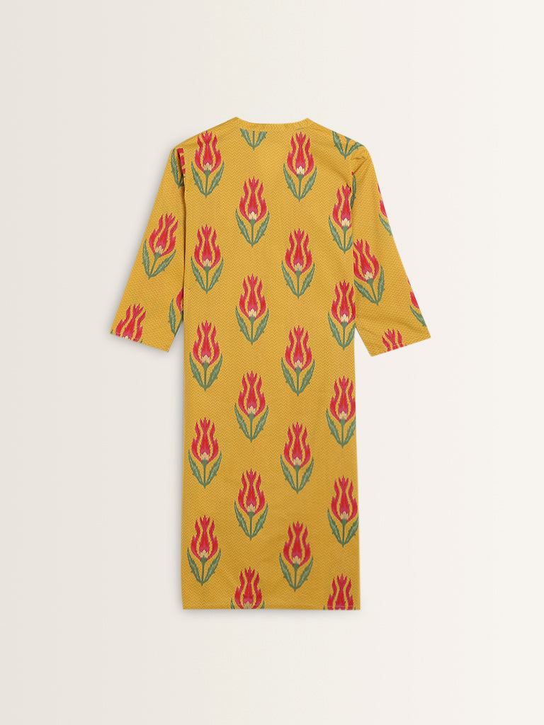 Utsa Yellow Floral Printed Straight Cotton Kurta