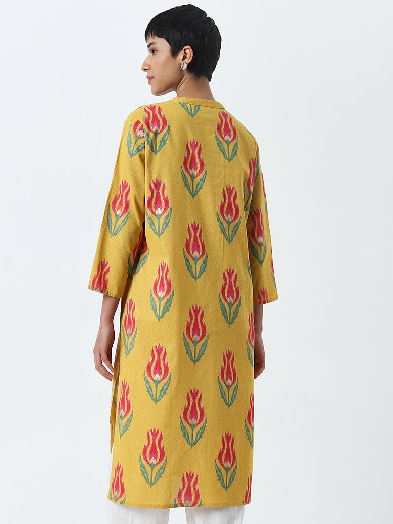 Utsa Yellow Floral Printed Straight Cotton Kurta