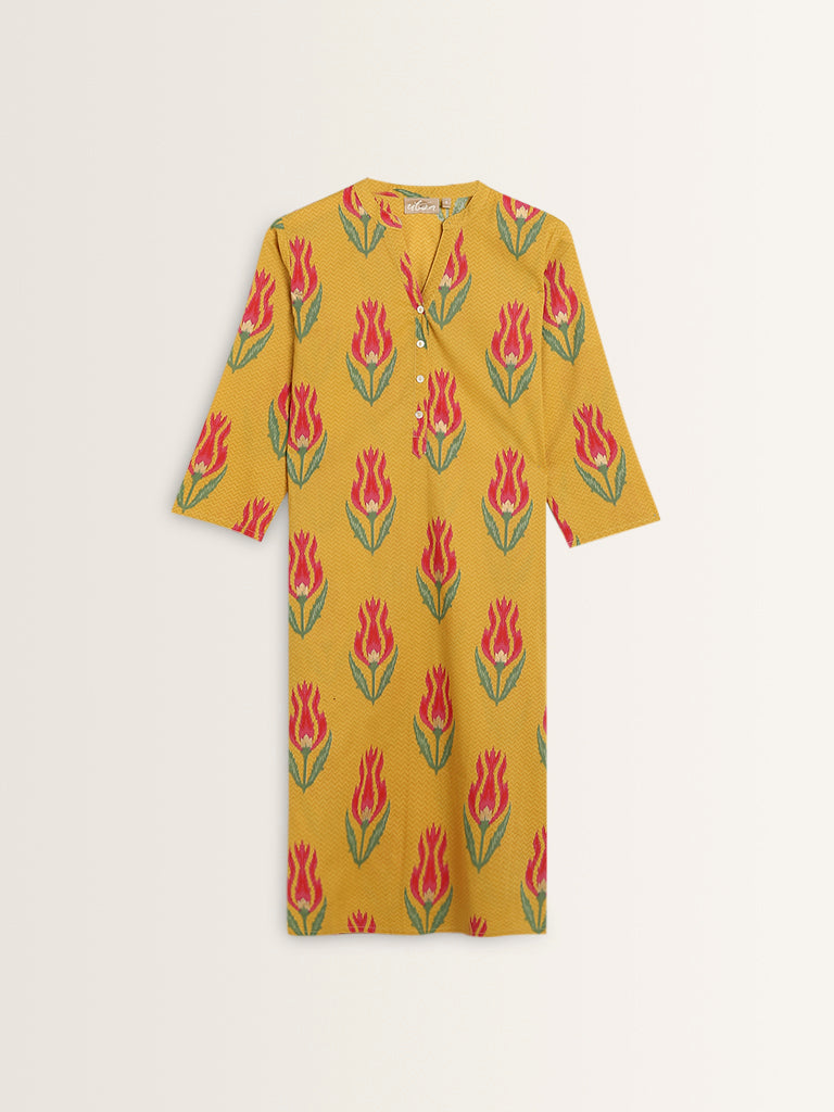 Utsa Yellow Floral Printed Straight Cotton Kurta