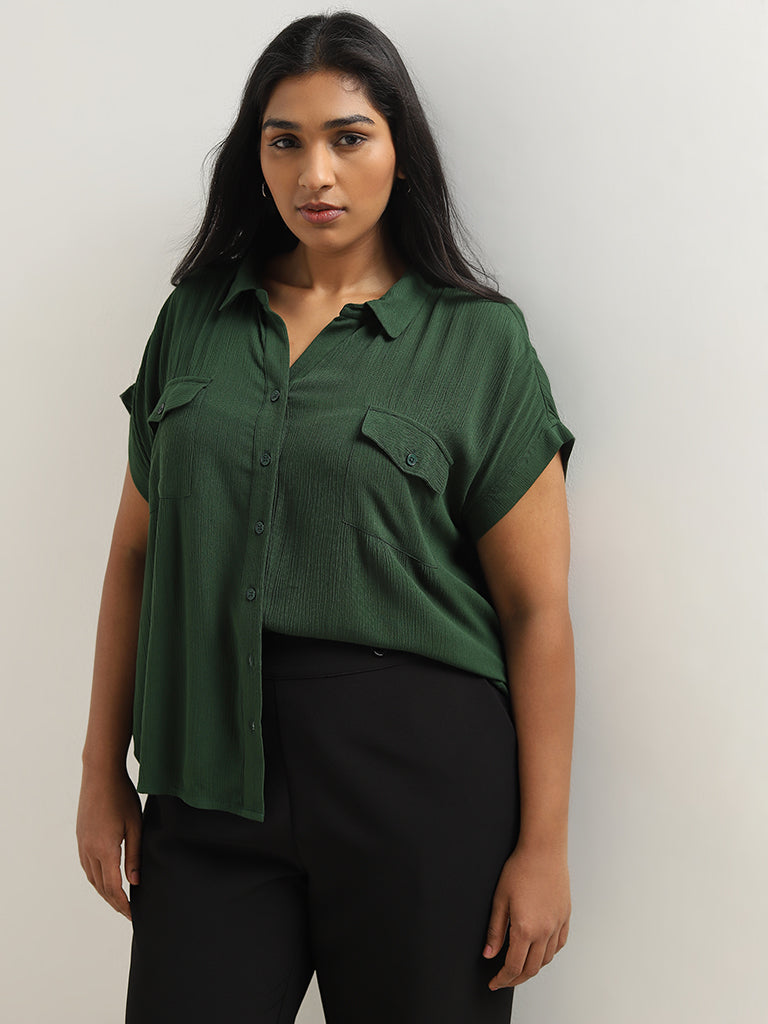 Gia Dark Green Crinkle-Textured Shirt