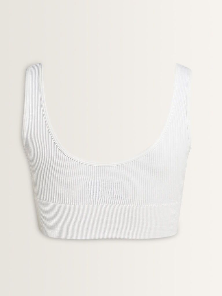 Superstar White Ribbed Textured Sports Bra