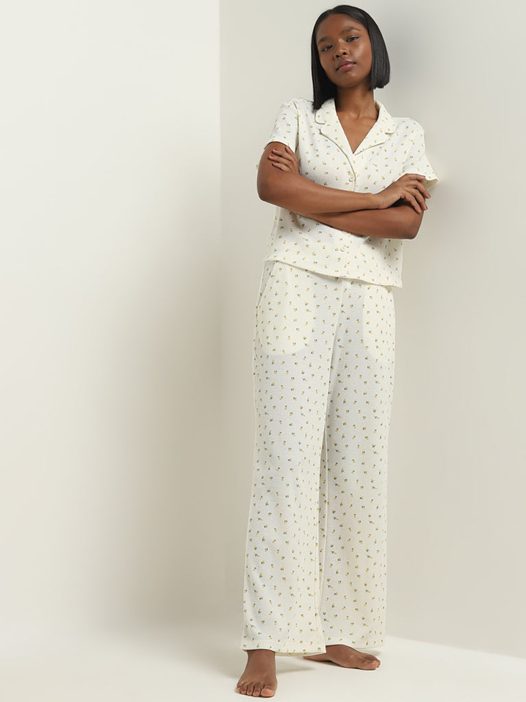 Superstar Ivory Floral Waffle-Textured Mid-Rise Pants