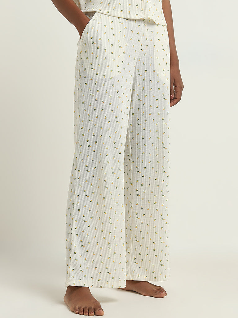 Superstar Ivory Floral Waffle-Textured Mid-Rise Pants