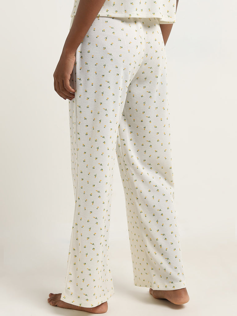 Superstar Ivory Floral Waffle-Textured Mid-Rise Pants