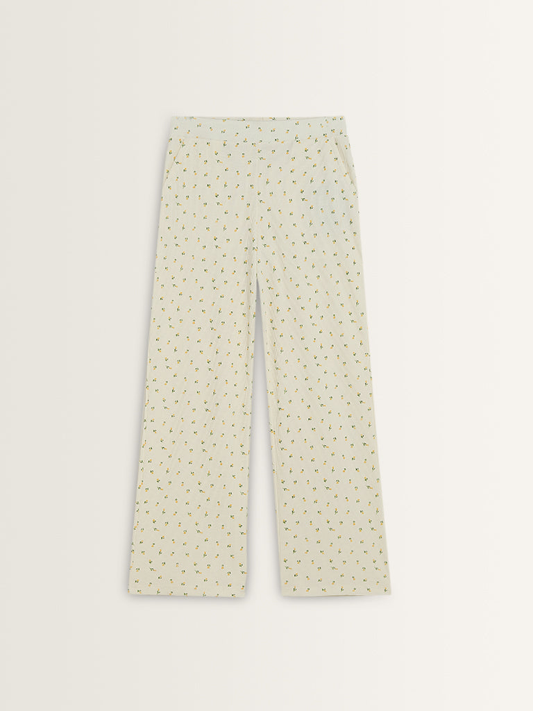 Superstar Ivory Floral Waffle-Textured Mid-Rise Pants