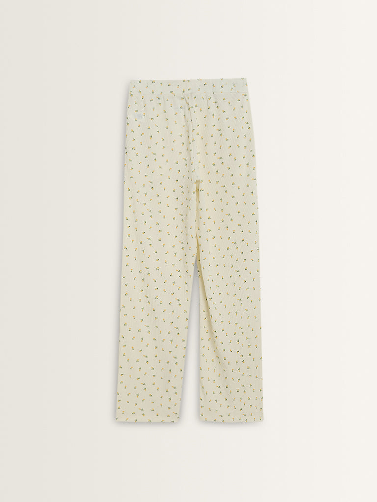 Superstar Ivory Floral Waffle-Textured Mid-Rise Pants