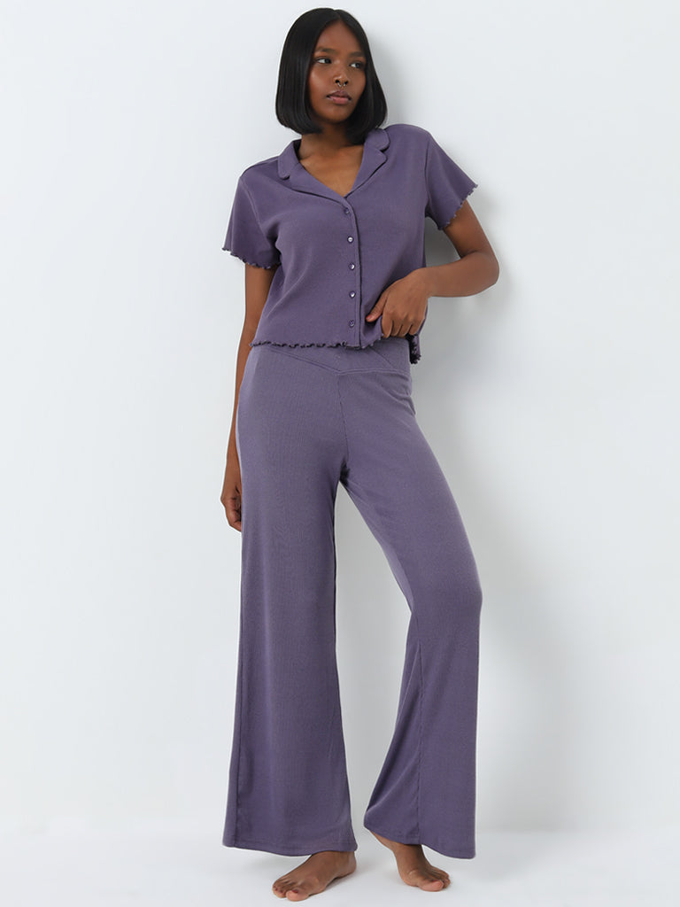 Superstar Purple Ribbed Textured High-Rise Pants