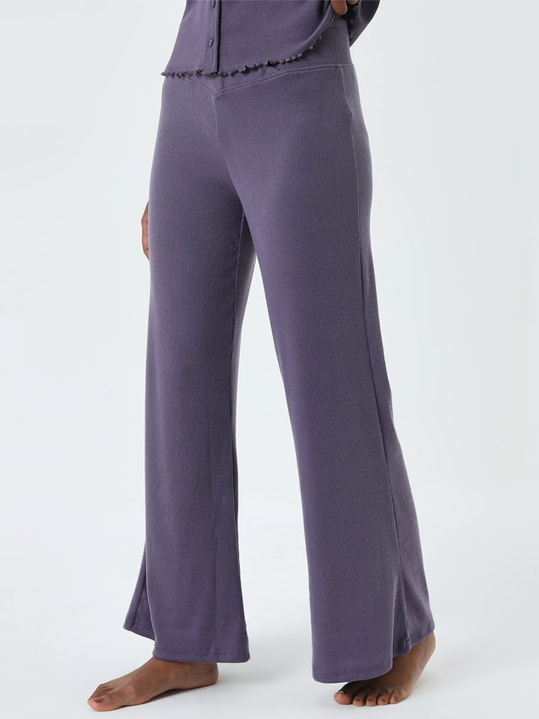 Superstar Purple Ribbed Textured High-Rise Pants