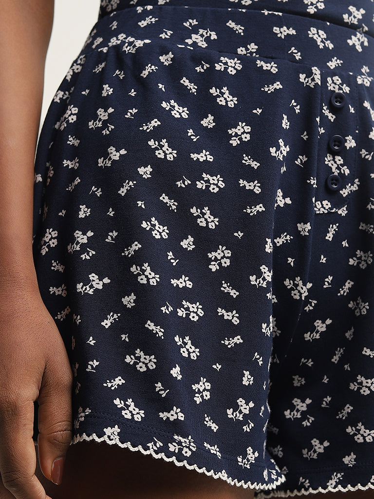 Superstar Navy Floral Printed High-Rise Cotton Blend Shorts