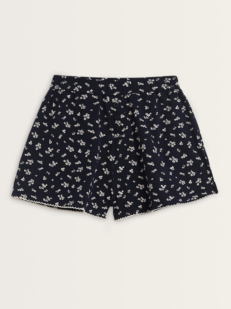 Superstar Navy Floral Printed High-Rise Cotton Blend Shorts